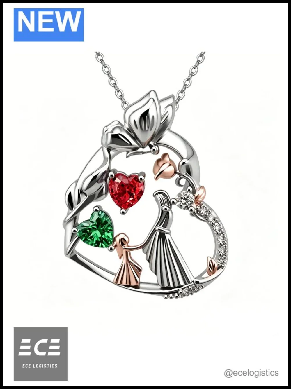 14K 18K Gold Plated Double Heart Birthstone Pendant Necklace Gift